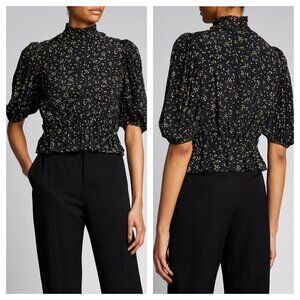 GANNI Ditsy Floral Print Crepe Blouse Puff Sleeves Black Yellow Women's 34 US 2